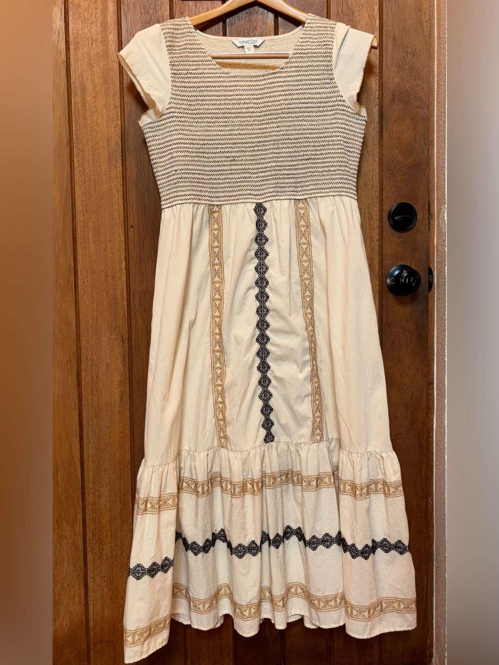 Cream Embroidered Smocked Maxi Dress with Black and Gold Trim
